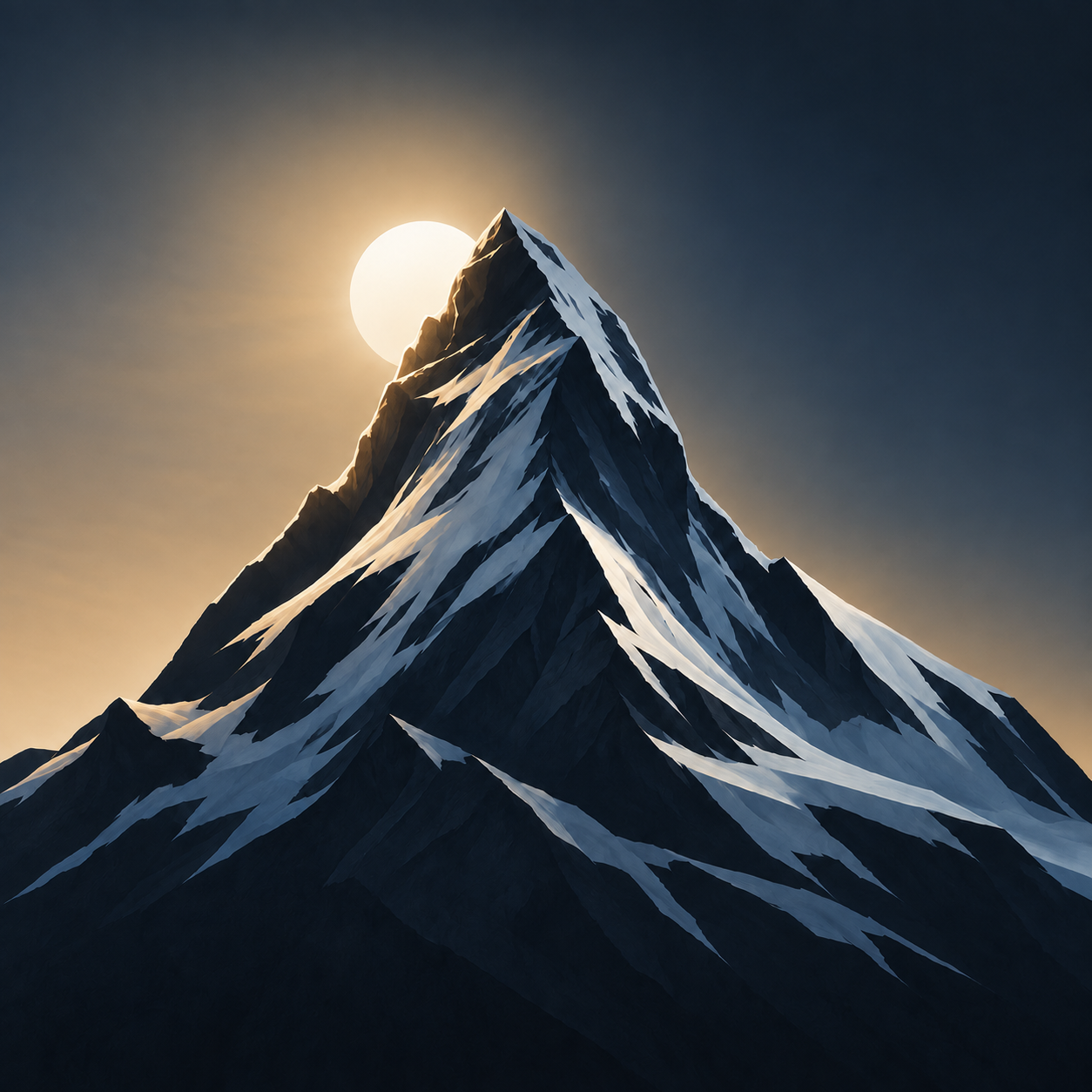 Sunrise behind a blue mountain peak
